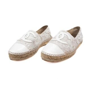 Chanel White Sequins and Patent Leather CC Espadrilles Size 38